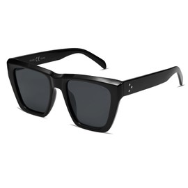 SOJOS Gafas de sol de gran tamaño con escudo de la parte superior plana para las mujeres de los hombres de moda cuadrada polarizada protección UV sombras SJ2179, Dark Black/Grey, M