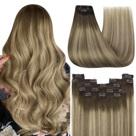 YoungSee 120 g Real Hair Clip-In Extensions Balayage Clip-In Extensions Real Hair Brown Balayage Blonde Clip-In Extensions 35 cm Real Hair Extensions Clip Invisible Hair Extension Clips #3/8/22