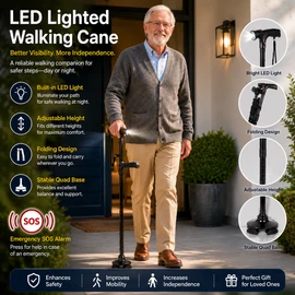Folding Walking Cane for Seniors – Adjustable Aluminum Mobility Stick with LED Light & Alarm for Daily Support