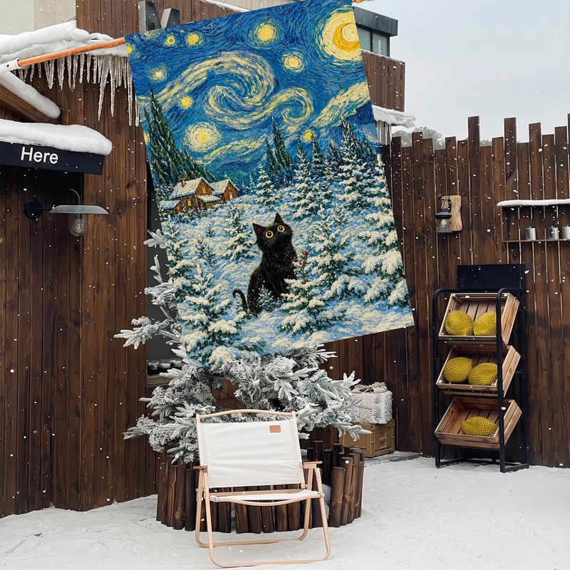 Christmas House Flag 28x40 Inch Large Winter Black Cat Farmhouse