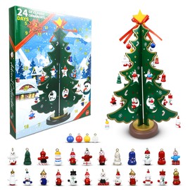 LIHIQIYA Children's Advent Calendar 2024, Wooden Christmas Tree and 28 Ornaments, 24 Days Christmas Countdown Advent Calendar, Mini Christmas Tree, Christmas Decoration Pendant for Crafts, Christmas
