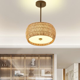 Giutna Rattan Farmhouse Chandelier Light Fixtures, 3-Light Rattan Pendant Light, Boho Ceiling Light Fixture Flush Mount,Woven Chandeliers Hanging Light Fixtures for Dining Room Bedroom Hallway Kitchen