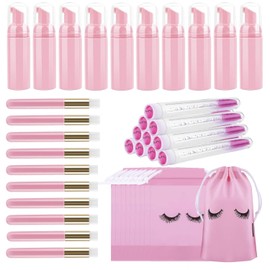homicozy Juego de 40 cepillos para botellas de champú para pestañas, 10 cepillos de champú para pestañas, 10 tubos de cepillos de pestañas, 10 dispensadores de champú para pestañas, 10 bolsas de cuidado posterior de pestañas para clientes, mujeres y niñas (rosa)