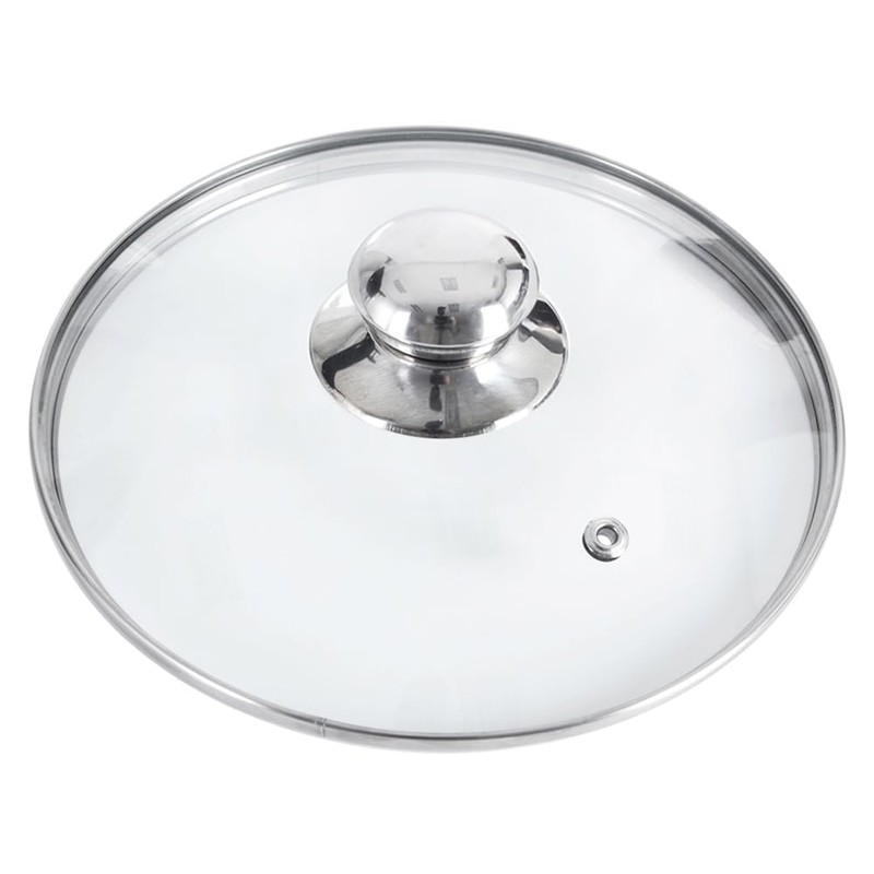 Glass lid with stainless steel ring.