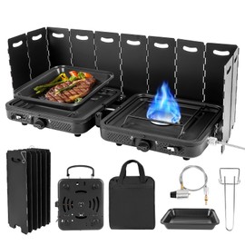 2 Burner Propane Camping Stove, 17200 BTU Adjustable Burners, Foldable Propane Camp Stove with Grill & Windscreen, Double Burner Portable Folding Gas Stove with Carry Bag for Outdoor Camping BBQ