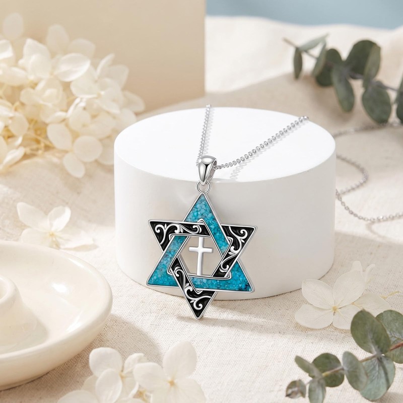 SHAOAN 925 Sterling Silver Star of David Turquoise Necklace for