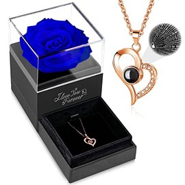 WILDLOVE Preserved Real Blue Rose with I Love You Necklace in 100 Languages Birthday Gifts for Women Mom Wife her, Anniversary Romantic Gifts for Women Her Mom Wife