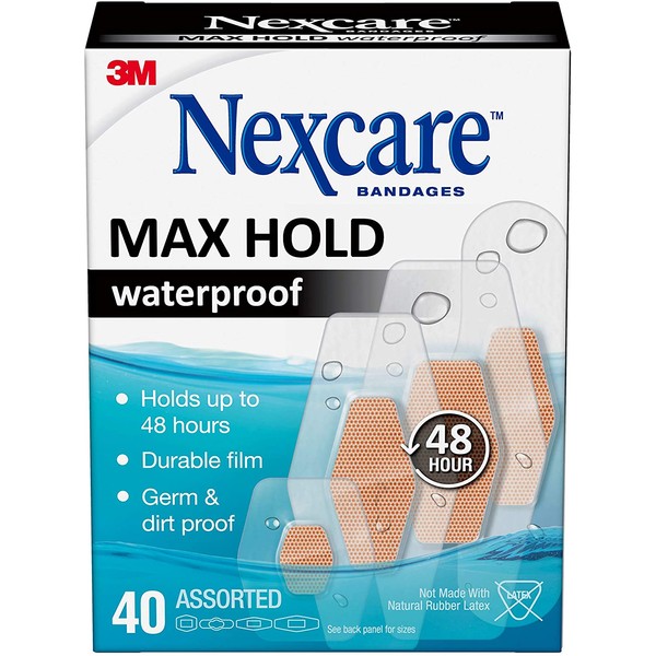 Nexcare Max Hold Waterproof Bandages, Clear, 40 ct Assorted, Transparent