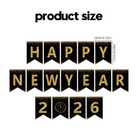 Happy New Year Banner,New Years Eve Party Supplies 2026, No DIY, Black Gold Happy New Year Banner for Outdoor Indoor Home Party Decorations