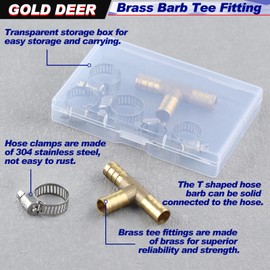 GOLD DEER 2PS 3/8" Brass Barb Tee Fittings ID Hose Pipe Fitting T-Shaped 3 Ways Hose Barb Reducer 3 Way Union Intersection Fitting Barbed Tee Connector with 6 PCS Hose Clamp for Oil Water Air