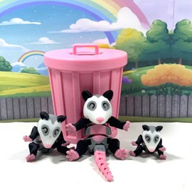 3pcs 3D Printed Opossum, Articulated Opossum with Trash Can, White and Black Opossum, 3D Printed Trash Can, Articulated Tiny Animal Opossum Fidget Toy for ADHD Autism AO001-SET-PINK