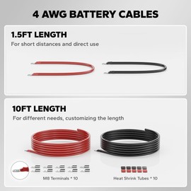 Litime 4AWG Battery Cables Set, 10FT 4 Gauge Wire with M8 Lugs(one end) for Battery Banks, Inverters, MPPT, DC-DC System, Oxygen-Free Copper Wire for RVs Boats Golf Carts Solar Systems