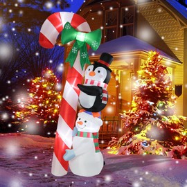 MUMTOP 8.6 Ft Tall Christmas Inflatables Outdoor Decorations, Inflatables Candy Cane with Bow Ribbon Snowman Penguin Yard Decoration Built-in LED Lights for Outdoor Party Holiday Decor