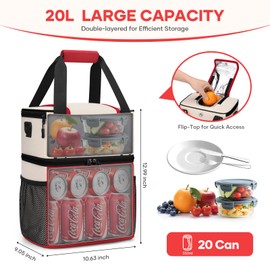 Maelstrom Insulated Lunch Bag Women,20L Lunch Box for Men,Leakproof Double Deck Cooler Bag with Quick Access Flip-Top Lid (Red-beige)