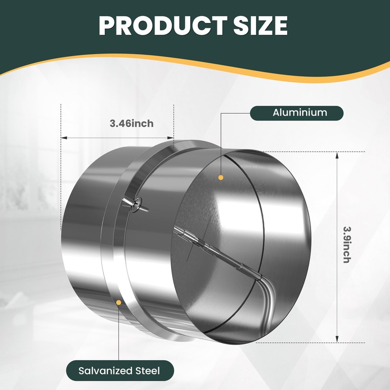4" Backdraft Damper, One-Way Ducting Insert with Spring-Loaded Aluminum Flaps,