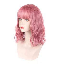 Peluca Rizada Falsa, Sintética, Transpirable, Corta, Rizada, Ondulada, Peluca de Pelo con Flequillo, Transpirable, hasta los Hombros, Peluca Rizada Artificial para (Rosa