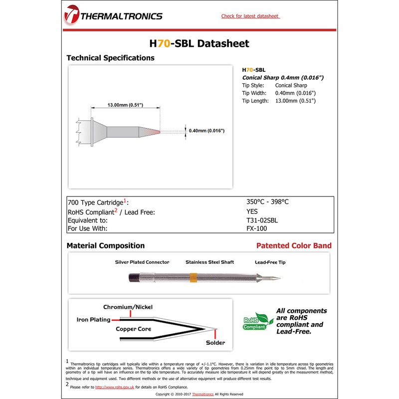 Thermaltronics H70-SBL Conical Sharp 0.4mm (0.016") interchangeable for Hakko T31-02SBL
