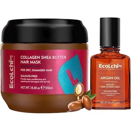 Collagen Hair Mask Shea Butter & Argan Oil Hair Serum Set - Deep Conditioning Hair Treatment Mask Organic Natural Essence for Dry Damaged Hair