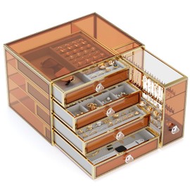 Youdepot Jewelry organizer box-Tempered Glass 5-Drawer jewelry boxes for women, Large Jewelry Boxes & Organizers With Velvet Necklaces Earring Organizer.