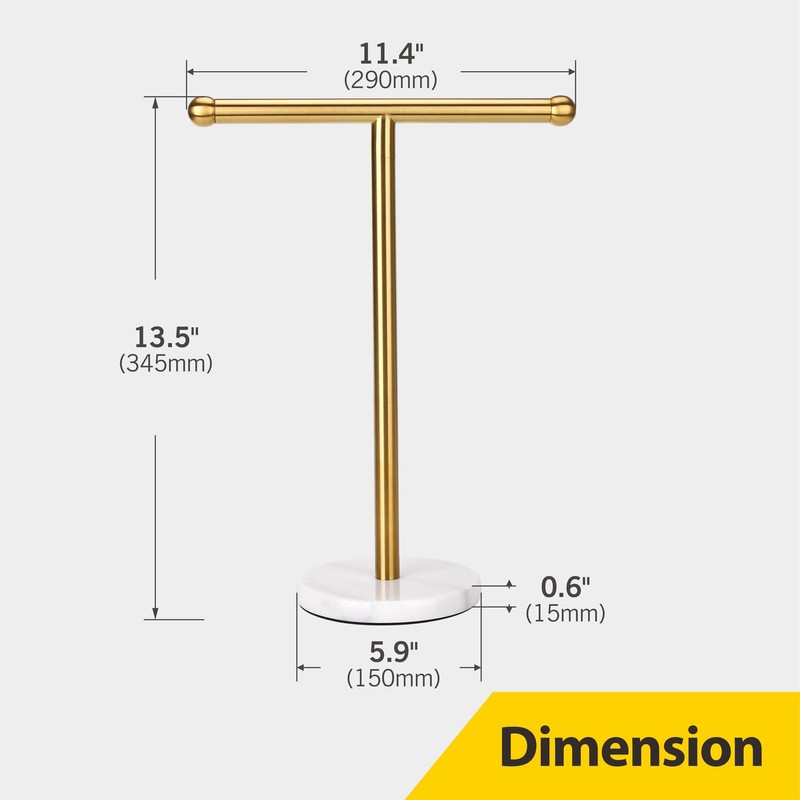 Gold Hand Towel Holder Stand with Heavy Marble Base, T-Shape