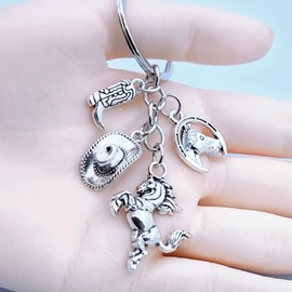 PYNASA Western Cowboy Boot Hat Keychain for Women Men,Cowboys Gun Horse Charm Keychains Key Ring Accessories (Silver Horse Set)