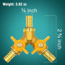 Horiznext brass 3/8 inch O.D. barb three way shut off ball valve for gas hose air water pvc pex garden tubing fuel line, tee switch splitter fitting