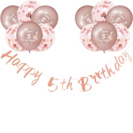 Girls Happy 5th Birthday Banners Rose Gold Happy 5th Birthday Banner Bunting Including 12 Pack 12” Latex Printed Balloons Girls Decorations Supplies
