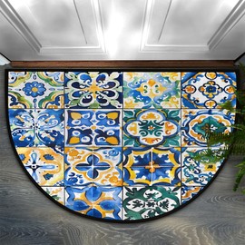 Peaom Ethnic Mexican Tile Half Round Door Mat Indoor Entrance Low Pile Non Slip Absorbent Semi Circle Welcome Mats Doormats 36x24 in Floor Mats for Home Kitchen
