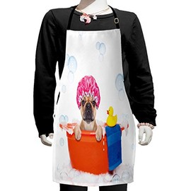 Ambesonne Dog Lover Apron, French Bulldog Having a Bath in Tub Rubber Duck Theme on Bubbles Background, Small Apron Bib with Adjustable Ties for Baking Painting, Small Size, Multicolor