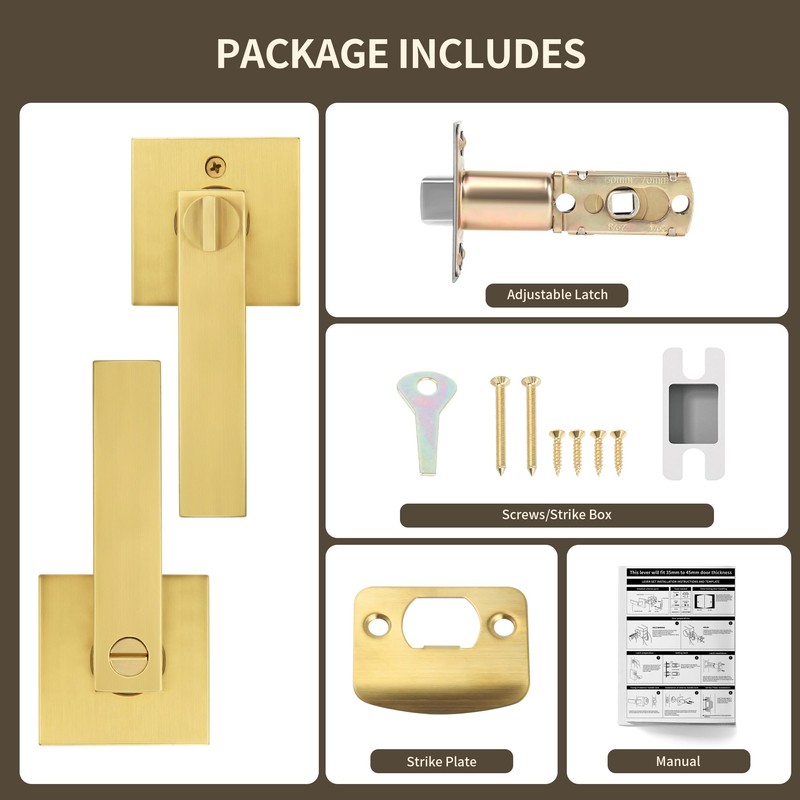 Moquin Square Privacy Gold Door Handle with Lock, Keyless Heavy
