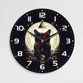 ENUIEO Wall Clock, 10 Inch Silent Non-Ticking Home Kitchen Decor, Battery Operated for Bathroom Bedroom Living Room Office(Black Cat Magic)