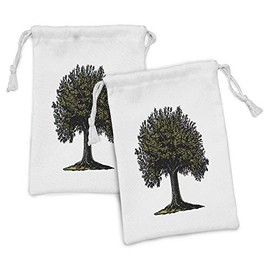 Ambesonne Tree of Life Fabric Pouch Set of 2, Digital Design of Mature Fruit Tree in Retro Engraving Style King of Forest, Small Drawstring Bag for Toiletries Masks and Favors, 9" x 6", Brown Green
