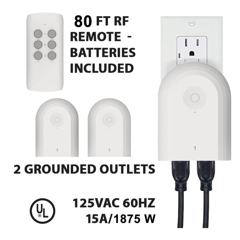 TEKLECTRIC Indoor Remote Control Outlet with 2 Grounded Plugs, 80