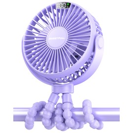 SWEETFULL Portable Stroller Fan, with Display 4000mAh Battery Powered Mini Clip On Fan, 4-Speed Rechargeable Small Personal Fan Handheld Desk Cooling Fan for Baby Car Seat Crib Travel Purple