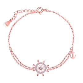 INFINIONLY Womens Girls Elegant Rose Gold Bracelets 925 Sterling Silver Creative Rudder-Anchor with Zircon Bracelet with Double Adjustable Anchor Chain