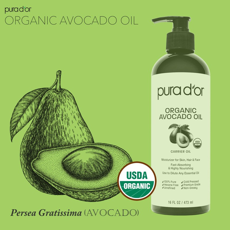 PURA D'OR 16 Oz ORGANIC Avocado Oil - 100% Pure