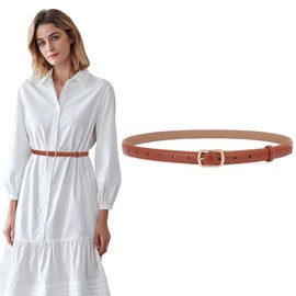 SUOSDEY Leather Belt for Women, Skinny Waist Belt with Pin Buckle, Women's Belt Buckle for Women Dresses Jeans, 2 cm Wide Women's Fashion Accessories, Brown (gold)