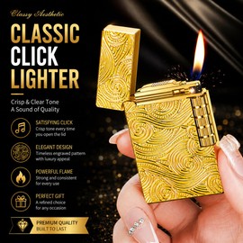 Refillable Butane Lighter, Soft Flame Lighter, Side Slide Ignition, Classic Flip Top Design, Engraved Metal Body, Vintage Pocket Style, Presentation Box Included (Fuel Not Included),Gold