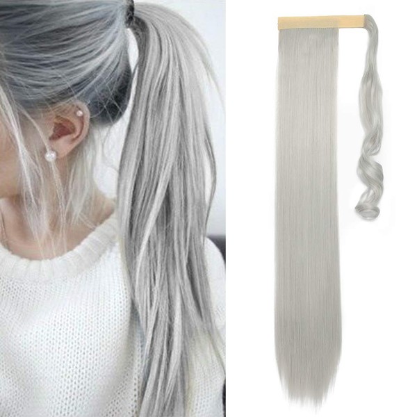 Wrap Around Ponytail Hairpiece Clip-In Extensions Like Real Hair Braid Straight Synthetic Hair Extensions 66 cm Silver Grey