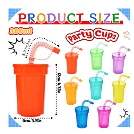 16 Pack Plastic Cups, 12Oz Colorful Neon Sipper Cups, Kid Party Plastic Cups with Straws, Ideal for Themed Parties, and Birthday Celebrations - Party Supplies
