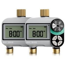 [2 Pack] QUOBAS 2 Zone Water Timer for Garden Hose, Automatic Sprinkler Timer with Dual Outlets, Heavy Duty Brass Fittings, Leak-Free, Programmable, for Lawn Watering and Drip Irrigation System