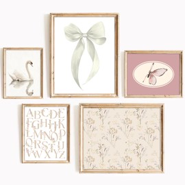 Arte de pared para guardería de niña, lona clásico, decoración de pared para habitación de bebé, diseño floral, diseño de cisne, diseño de lazo blanco, pintura de mariposa, color rosa, arte clásico