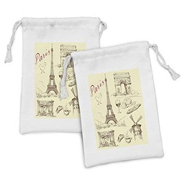 Lunarable Eiffel Tower Fabric Pouch Set of 2, Eiffel Tower Illustration Coffee Wine Glass Bread Monochrome Building Facade, Small Drawstring Bag for Toiletries Masks and Favors, 9" x 6", Sepia Tan