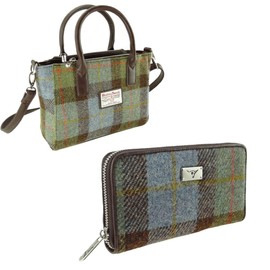Glasgow Kilt Company Scottish clan – Ladies Harris Tweed 'Brora' Small Tote with 'Staffa' Long Zip Purse 2 Piece hand bag and - gift set closure Adjustable detachable strap (MacLeod Tartan) COL 15