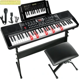 61 Key Keyboard Piano for Beginners with Lighted Keys & Pro Teaching Modes,Includes Stand, Bench, Microphone, Music Stand,70 Demos, 200 Rhythms/Tones, Gift for Beginners