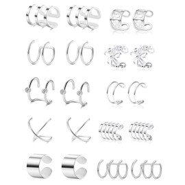 Tornito 4-10 Pairs Stainless Steel Ear Cuff Helix Cartilage Clip On Wrap Earrings Fake Nose Ring Non-Piercing Adjustable (A0:10 Pairs, Silver)