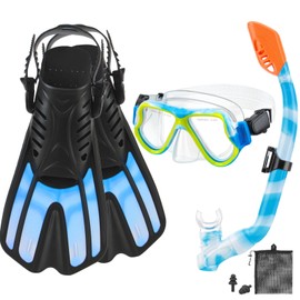 CTSAYTL Snorkeling Gear for Kids Ages 6-14, 4 in 1 Kids Mask Fins Snorkel Set with Panoramic View Anti Fog Mask, Dry Top Snorkel, Trek Fins and Travel Bag, Kids Snorkel Set for Youth Teens Junior