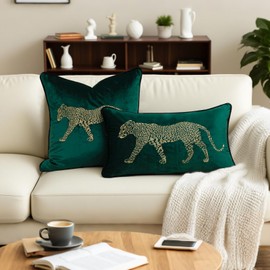 vctops Soft Velvet Embroidery Square Decorative Throw Pillow Covers Leopard Pattern Cushion Case for Sofa Bedroom Couch (Green,18"x18")