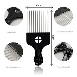 KHQBG Black Metal Afro Pick Combs for Curly Hair - Detangle & Style Comb for Women and Men, Durable Plastic & Metal, Fist Design for Hair Styling, Perfect for Wigs (2 Pack Hair Comb, Count, 2)