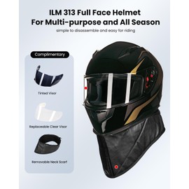 ILM Full Face Motorcycle Street Bike Helmet with Removable Winter Neck Scarf + 2 Visors DOT Model-JK313 (L, Golden)